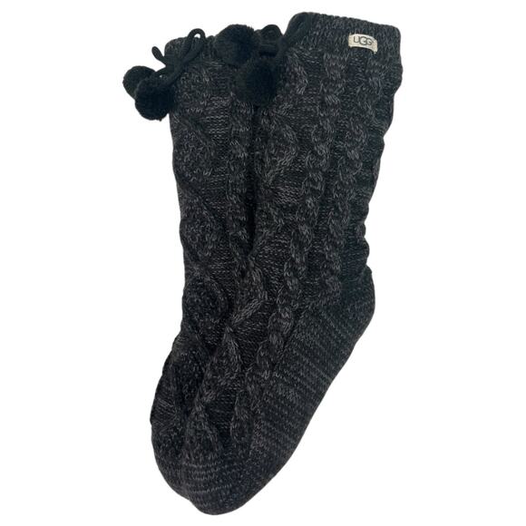 UGG Slipper Socks Womens Gray OS Knit Pom Pon Fleece Lined Crew Cozy Winter - Picture 1 of 8